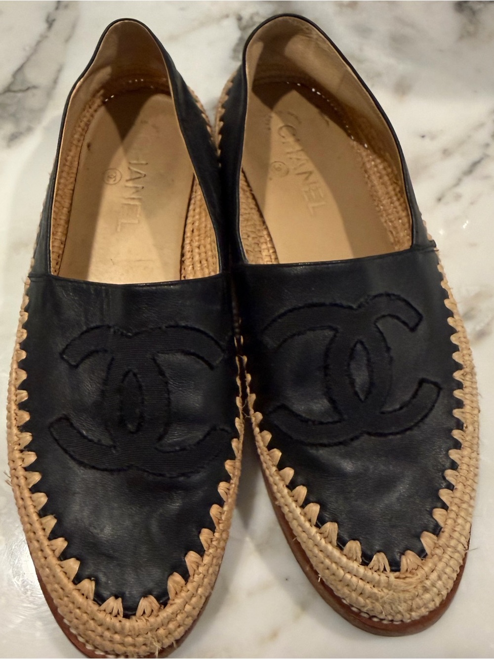 CHANEL Black Leather Espadrille Slip-On Loafers with Tan Trim
